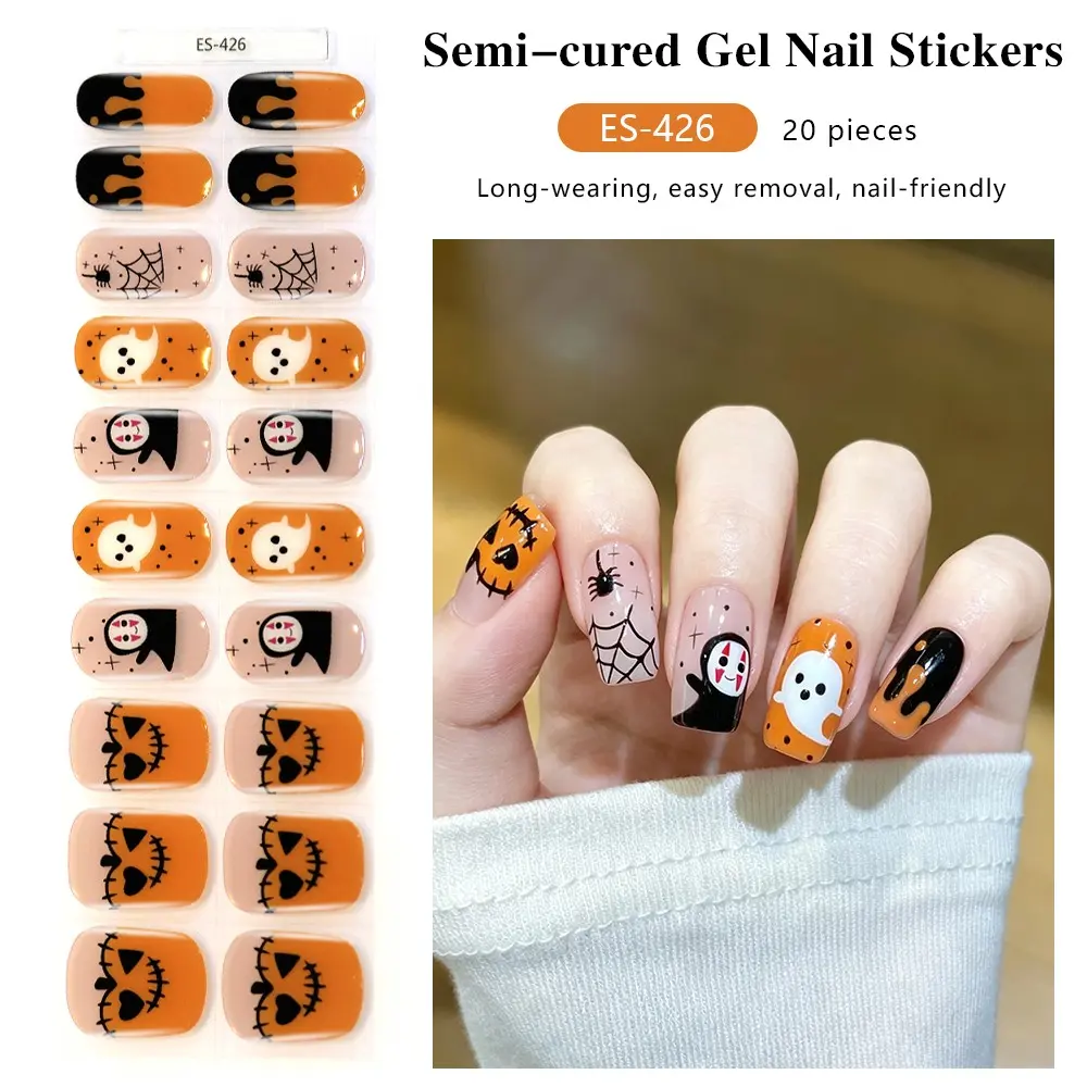 Cute Pumpkin Halloween Nail Art Stickers, 20-Piece Semi-Permanent Gel Polish, UV Light Curing, Easy Application, Perfect for Festive Looks, Nail Art Supply