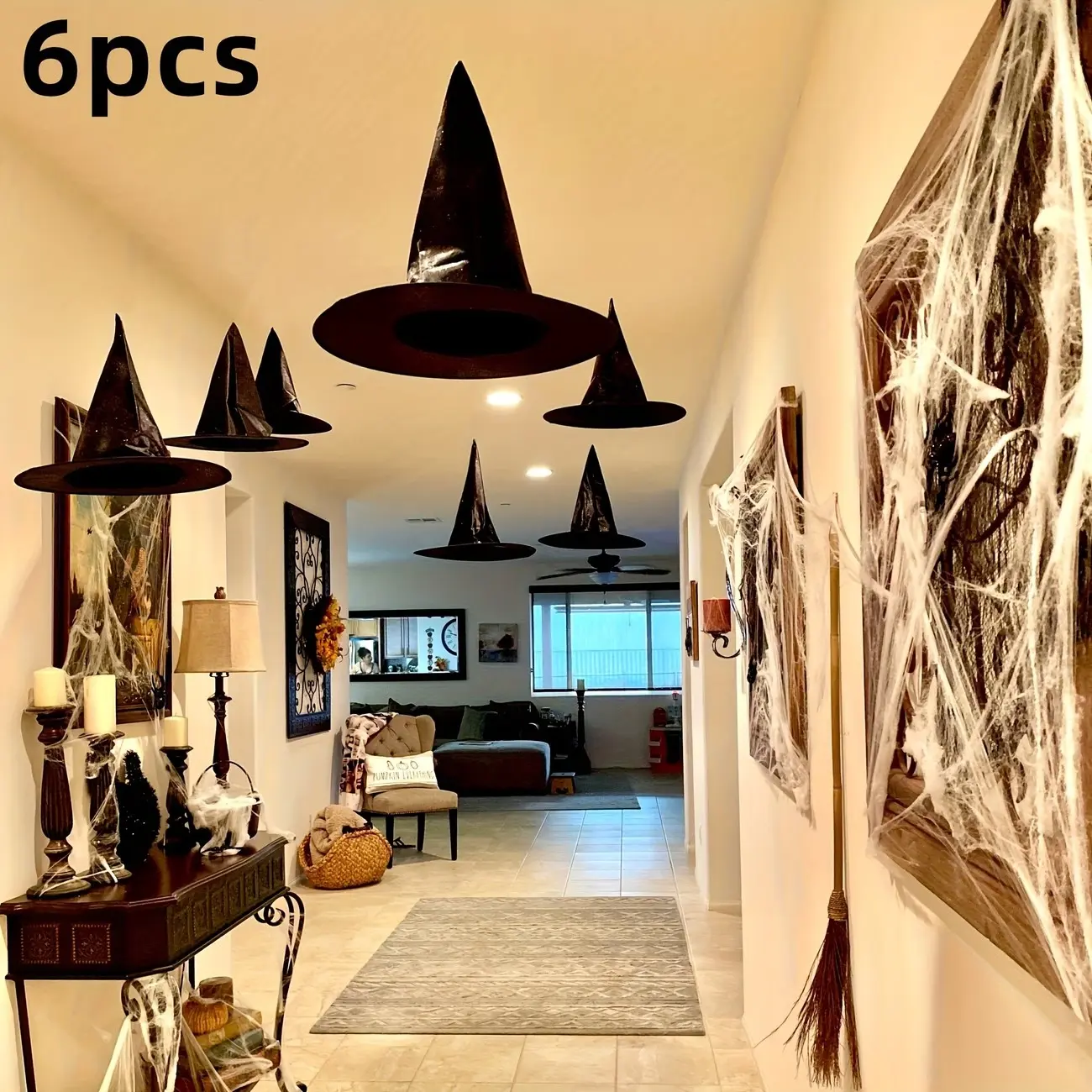 6pcs Floating Witch Hats with Fishing Lines, Halloween Decorations, Party Accessories, Lightweight, No Electricity, Indoor/outdoor, Spooky Magic Party Decor
