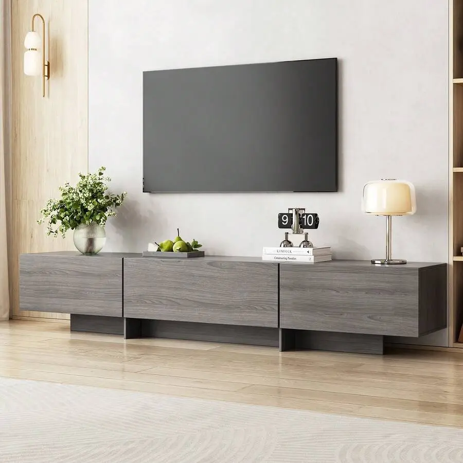 76" Wide Long Rectangular Single Unit TV Stand - Media Console with Cabinet+Open Layout, 76" Room for Gear, Power-Free Setup, Modern Entertainment Center for 75" TVs in Living Room, Bedroom