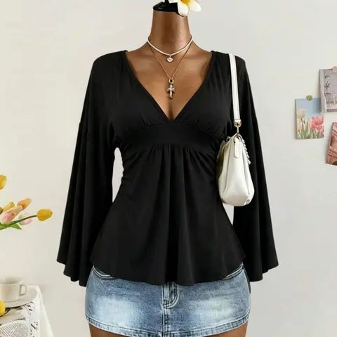 Women's Deep V Neck Bell Sleeve Top, High Waist Ruched Slim Fit, Seven-Quarter Sleeves Shirt, European and American Style, Chic