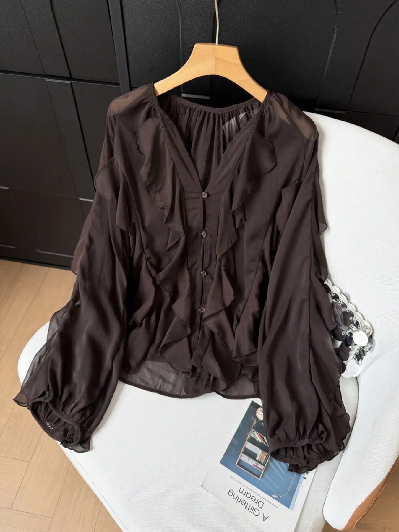 Women's Summer/autumn Casual Elegant Fashion Loose Ruffled Collar Long Sleeve Button Blouse Shirt Tops, June Festival Vacation Season