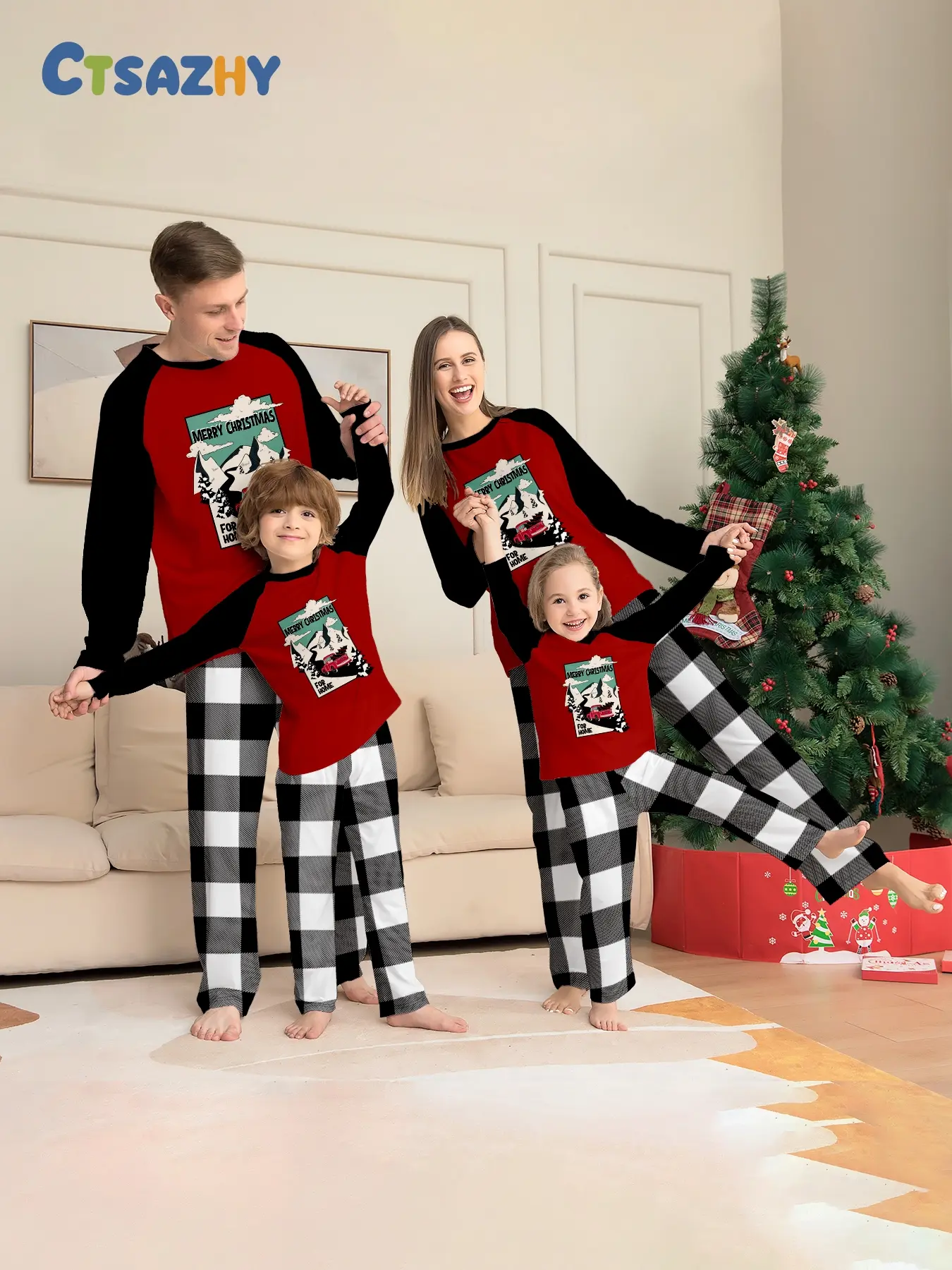 Autumn Winter New Christmas Theme Parent Child Home Pajama Set Long Sleeve Top Plaid Pants Adult Kids Same Style Red Black Splicing Top Black White Plaid Pants American Christmas Print Breathable Soft