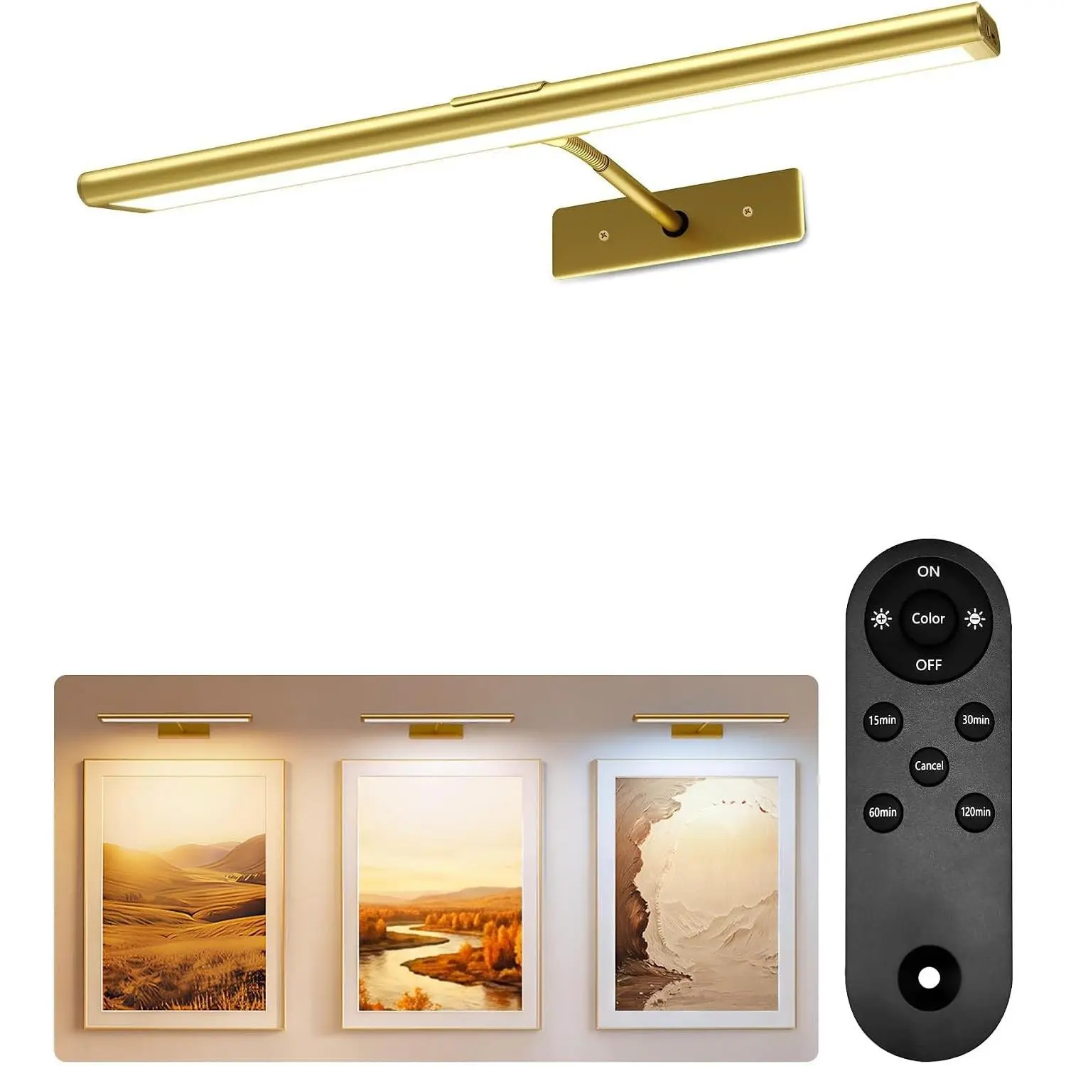 Picture Light for Wall, 4800mAh Rechargeable Wireless Remote, 16‘’ Dimmable Magnetic LED Art Display Light with 3 Color Temperatures, for Gallery, Living Room, Bedroom, Hallway (Gold)
