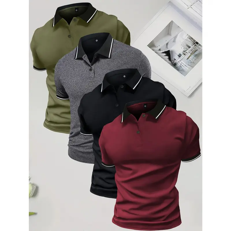 Men's 4-Pack Summer Polo Shirts, Solid Color Shortsleeve, Regular Cut, Polyester Blend (95% Polyester, 5% Elastane), Knit Fabric, Lapel Collar, Button Detail, Slight Stretch, Casual Sportswear Male Tops, Beige