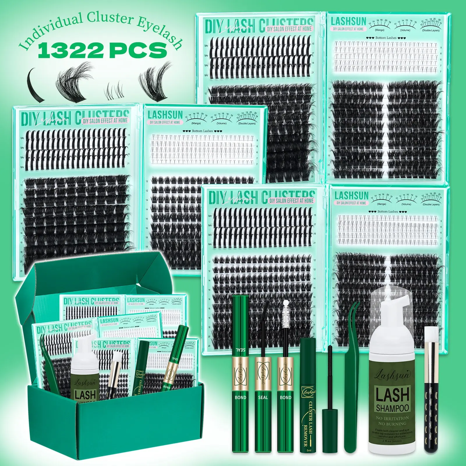 1322 Pcs D Curl Eyelash Clusters Set, Diy False Eyelashes, Mixed 5-21mm 8 Styles Bottom/Spike/Mega 3D Multi-Layered Lashes, Kit with Bond&Seal Remover Tweezers Lash Shampoo Brush, DIY at Home, Easy Apply for Makeup Daily