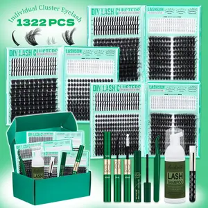 1322 Pcs D Curl Eyelash Clusters Set, Mixed 5-21mm 8 Styles Bottom/Spike/Mega/Cat/Volume Thick 3D Multi-Layered Lashes, Kit with Bond&Seal Remover Tweezers Lash Shampoo Brush, DIY at Home Easily, Easy Apply for Makeup Daily