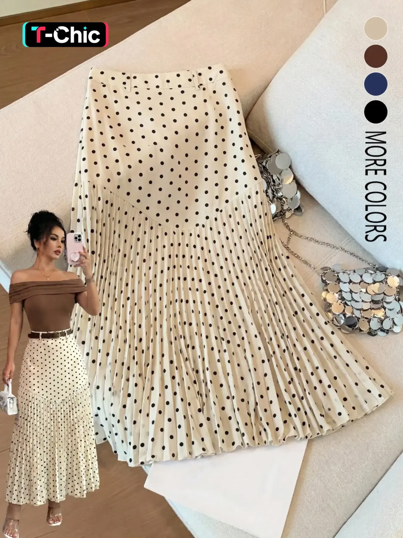 Autumn/Winter New Arrival: Elegant Polka Dot Print Pleated Skirt for Women