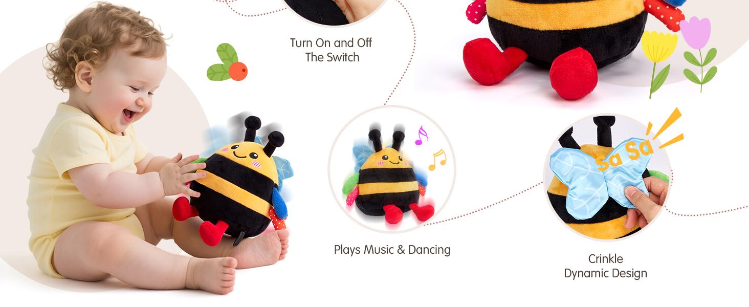 Baby Toy for 6 + 12 18 Months – Crawling Musical Dancing Bouncing Learning Bee Plush, Interactive Tummy Time Toy for 1 2 3 Year Old Boys Girls Baby Easter Basket Stuffers