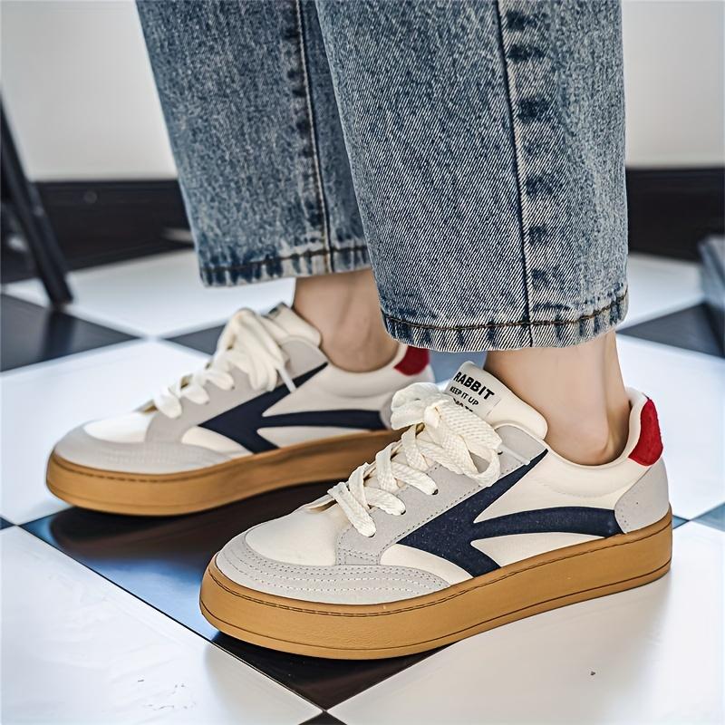 Men's Retro Color Block Thick-Soled Skate Shoes, Comfortable Non-Slip Durable Lace-Up Rubber Sole Canvas Sneakers, Men's Shoes