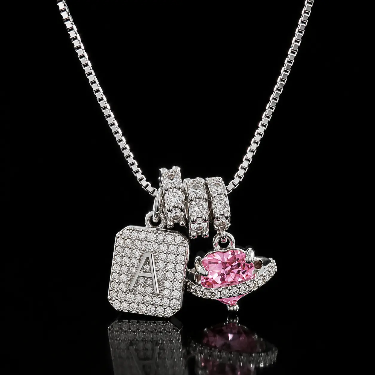 Trendy Silver Plated Square Initial Necklace Personalized Pink Heart Letter A-Z Pendant Necklace Shiny Cubic Zirconia Jewelry Birthday Gifts Women Anniversary for Wife Birthday Gift ideas