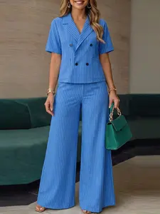 ZANZEA Women's Striped Notch Lapel Short Sleeve Blazer and Wide Leg Pants Set, Two-Piece, European and American Office Style