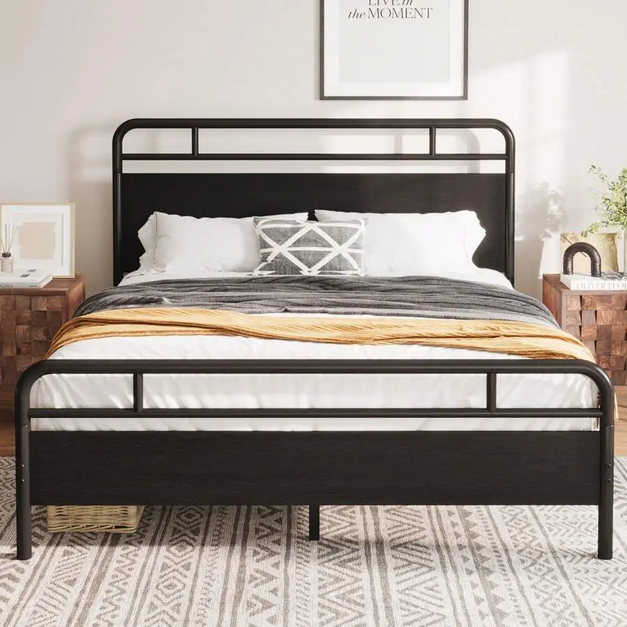 Heavy Metal Full/Queen/Bed Frame With Headboard & Footboard, Platform Bed With Strong 13 Support, Noise Free, No Box Needed, Easy Assembly, Walnut/Mahogany/Black * Bed Frame Queen Queen Bed Frame Bed Frame Full Full Size Bed Frame Size Bed Frame Twin Bed