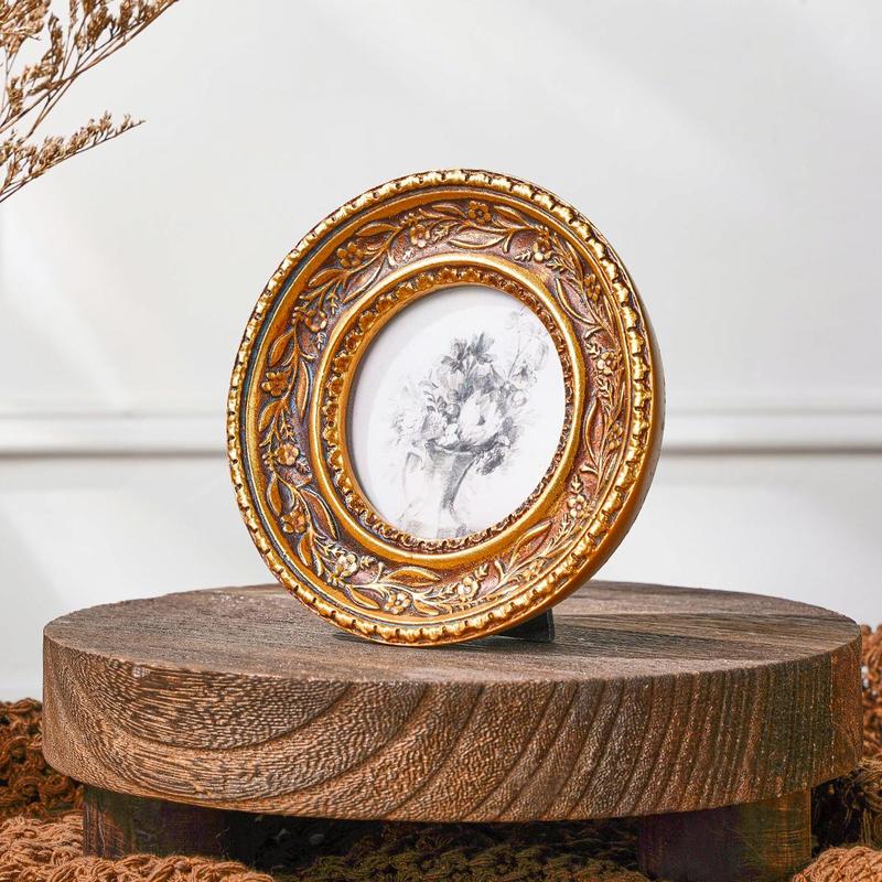 Vintage Flower Pattern Photo Frame, 1 Count Exquisite Retro Resin Photo Frame, Durable Sturdy Frame, Desktop Decoration Photo Frame for Home Office Dormitory School Decor, Imitation Antique Gold Design, Vintage Square Frame