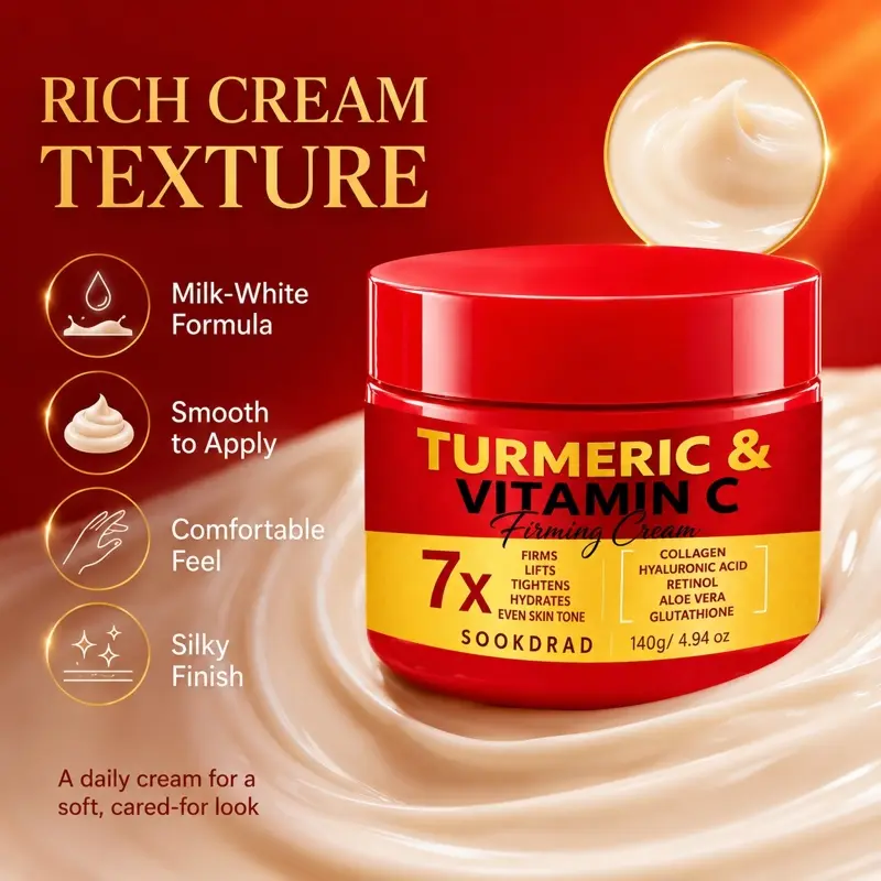 Turmeric Vitamin C Firming Cream, with collagen, hyaluronic acid, retinol, aloe vera, glutathione, firms skin, lifts skin, tightens skin, hydrates skin, evens skin tone, 140g