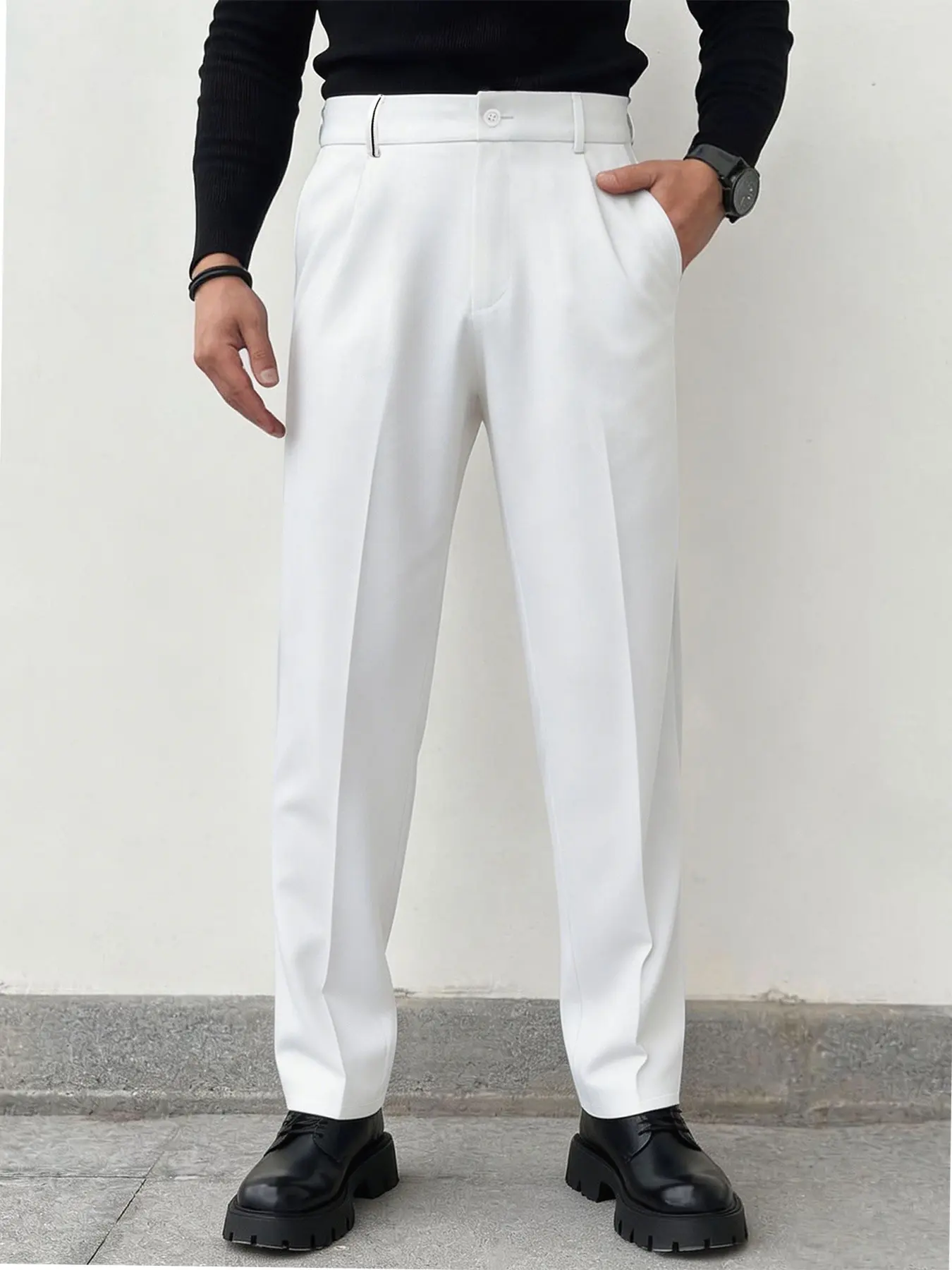 Men's Slim Fit Single Pleat Suit Pants, Menswear Minimalist Business Casual Straight Leg, Button Waist, Pocket Details, Anti-Wrinkle Fabric
