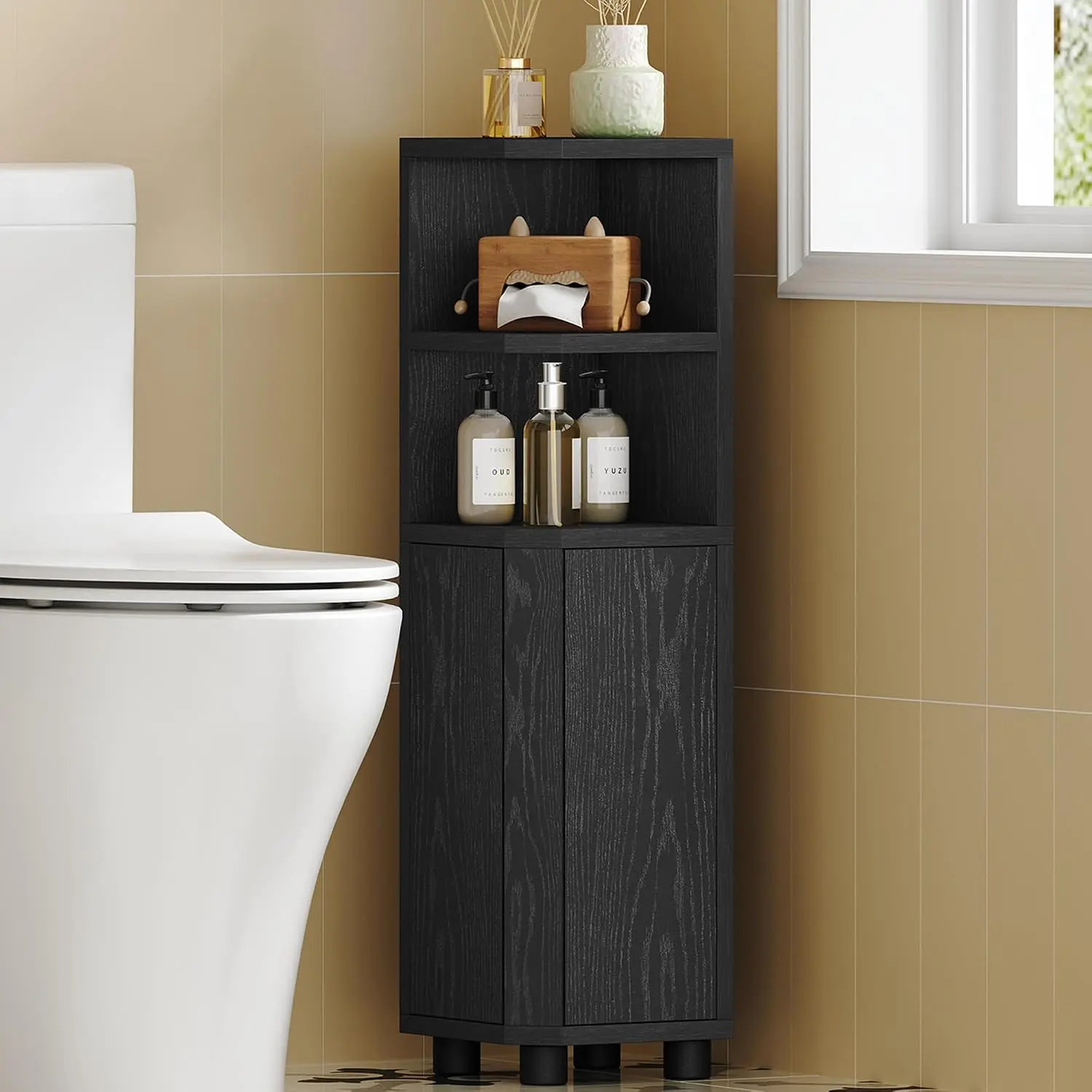 Corner Cabinet, Small Bathroom Corner Cabinet with Doors, Narrow Storage Cabinets with Adjustable Shelves, Bathroom Organizers and Storage for Small Space, Black BC21004X