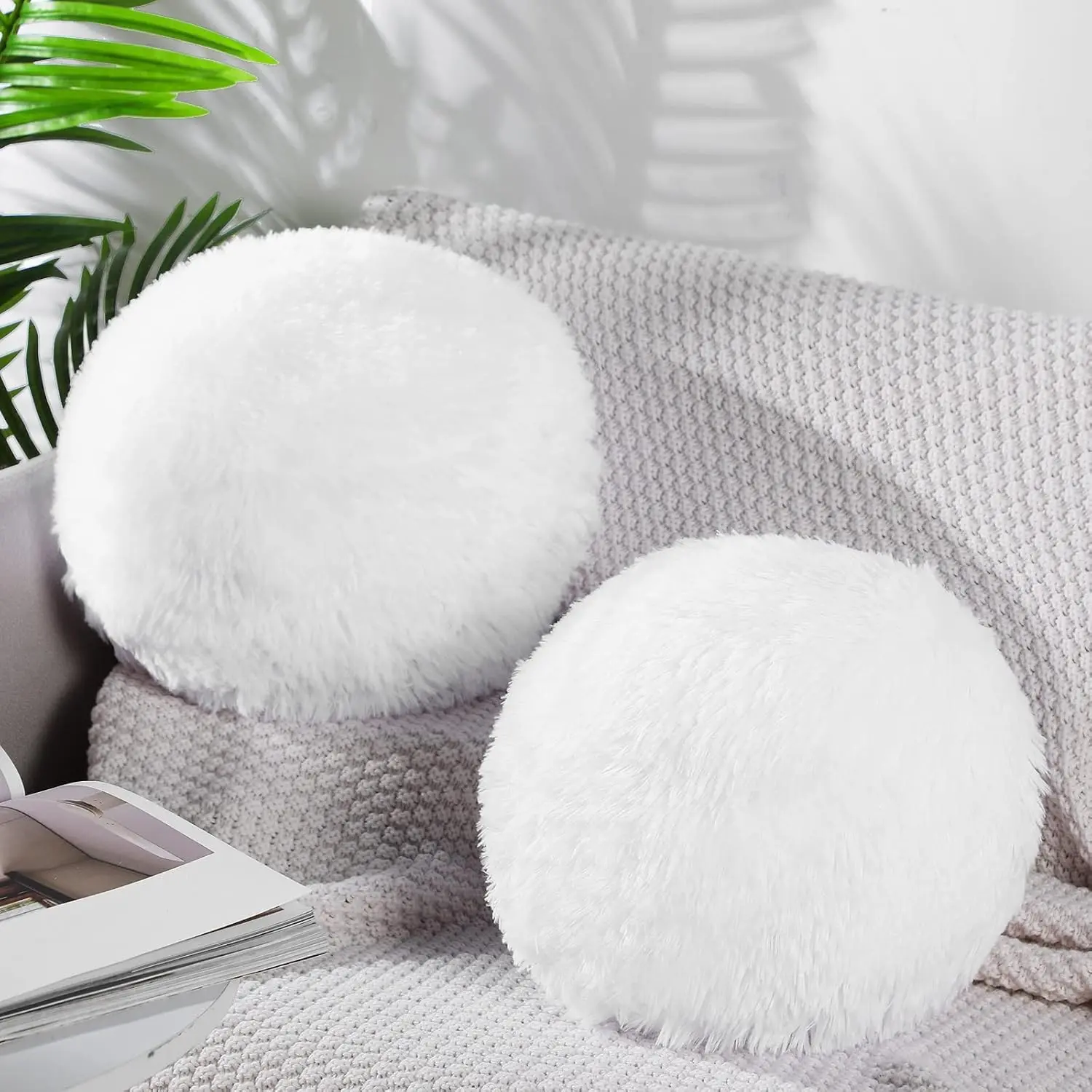2 count Plush Ball Throw Pillow Round Pillow 10 Inch Soft Circle Pillow Decorative Ball Pillow Spherical Fuzzy Pillows for Bedroom Living Room Office School Couch Chair Bed Decorations (White)