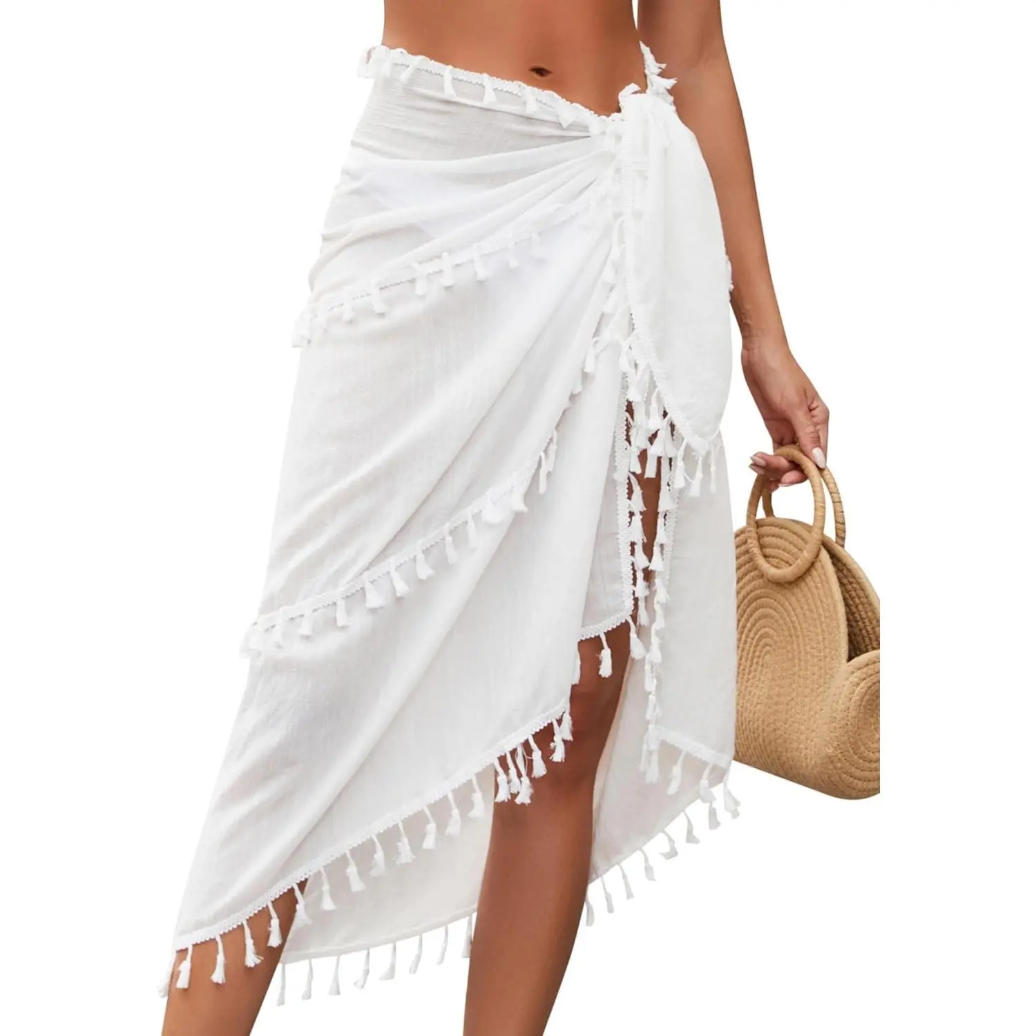 Women's Semi-Sheer Sarong Pareo Cover-Up - Short Skirt with Tassels, Bohemian Feeling, 32.2*57 inch, Versatile as Head Scarf for Beach Swimwear, Sun Protection, Wrap Skirt, Loose Fit, Sleeveless, Swimsuit Coverups, Beachwear Cover Up, Beach Blanket, Tasse