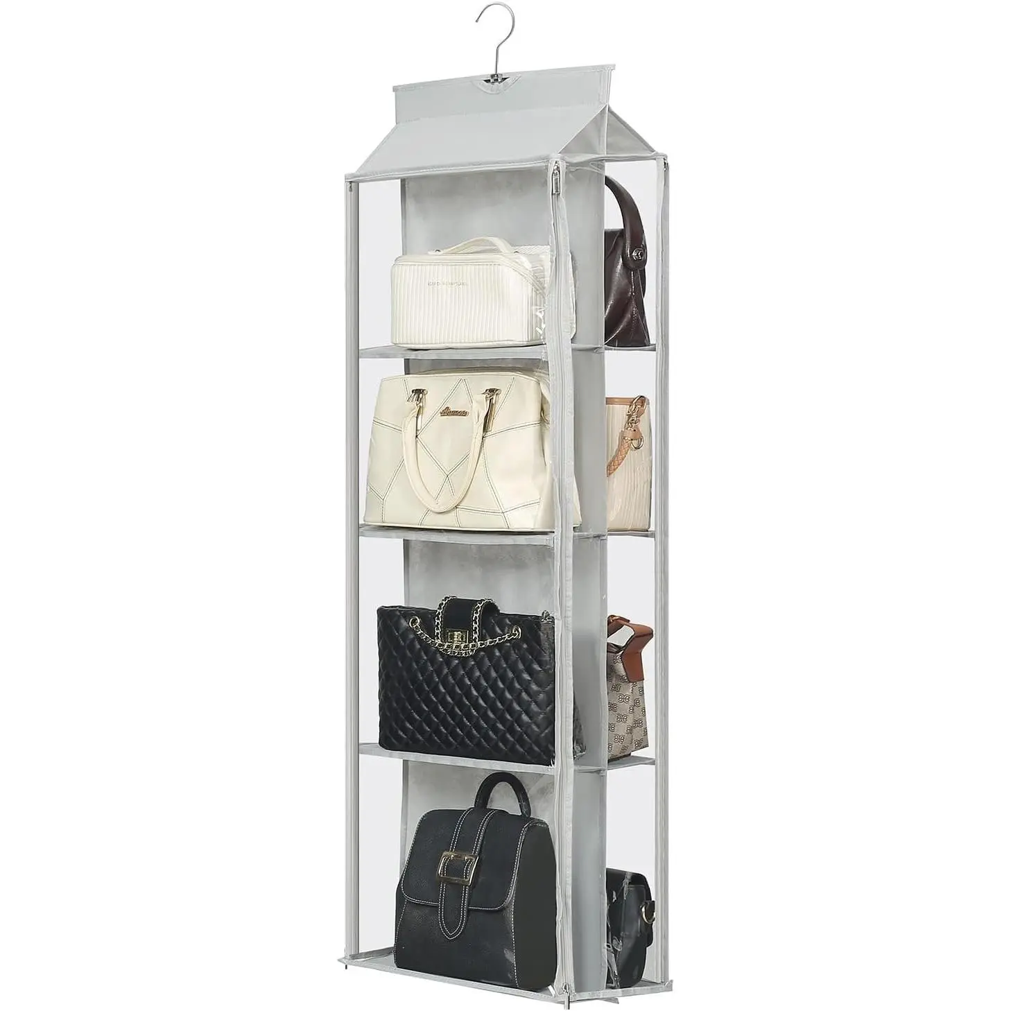 8 Grids in 1 Rotatable Hanging Purse Handbag Organizer with Double Zippers, Visible Purse Organizer for Closet, Fully Enclosed Handbag Storage Holder