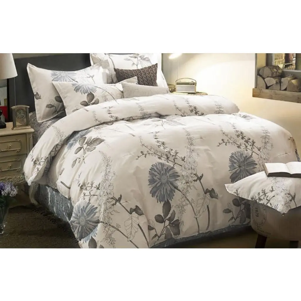 Floral Comforter Set, 100% Cotton Fabric, Vintage Flower Shabby Chic Farmhouse Botanical Cottagecore Sunflower, 3 Pieces Bedding Set, Gray Beige, California King Size
