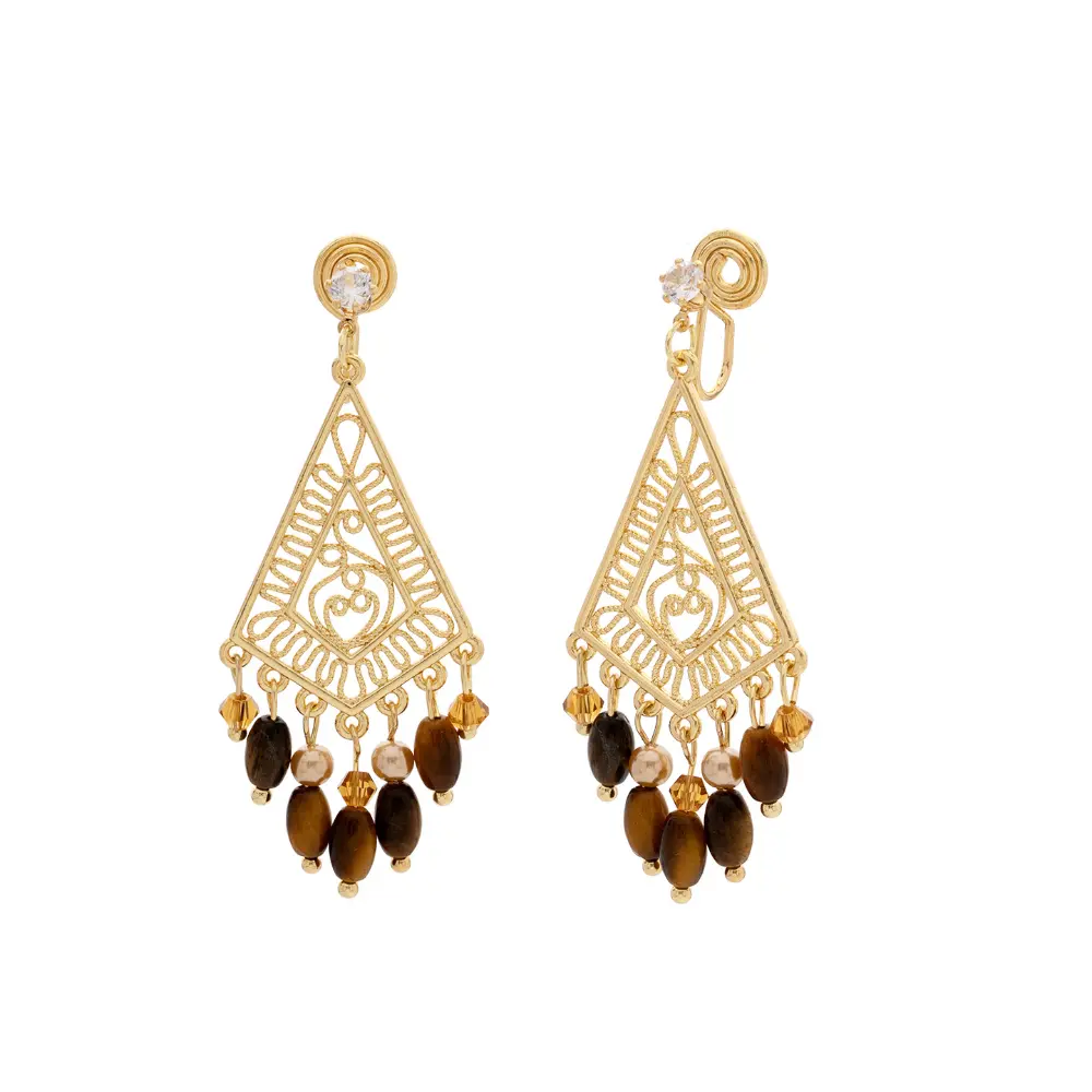 Women's Vintage Boho Copper Triangle Filigree Tassel Dangle Earrings, 5.8*2.4 Cm Artificial Pearl & Faux Tiger Eye Beaded Drops for Beach, Bohemian Party Outfits