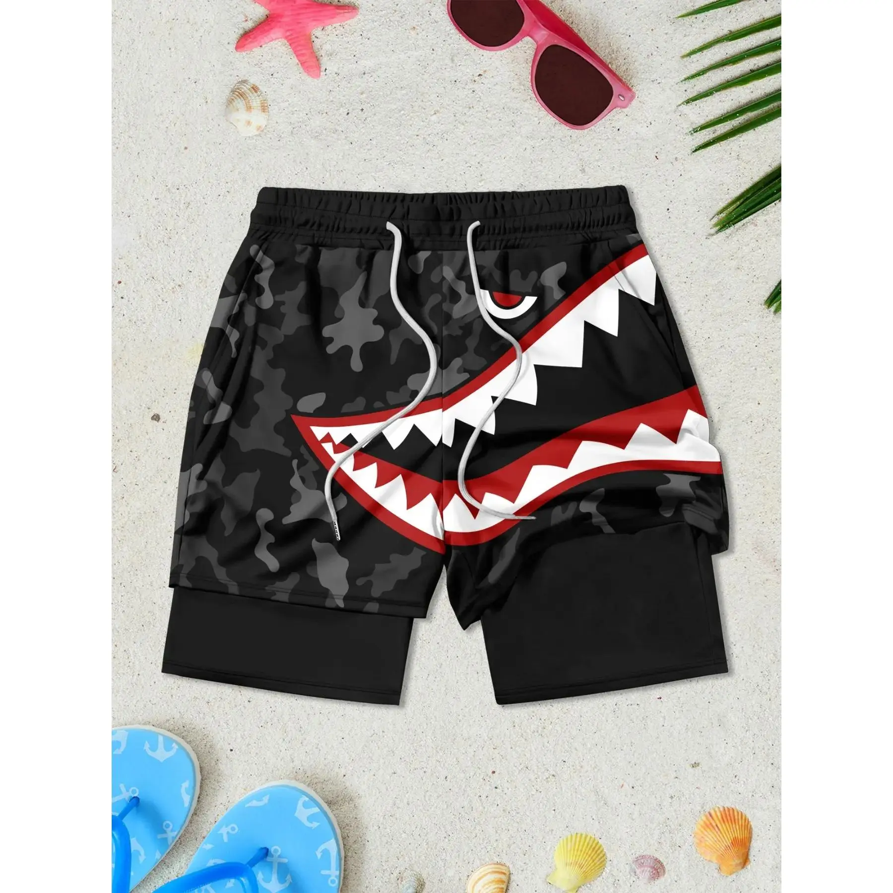 Summer Quick-Dry Breathable Men's Casual Loose Short Double-Layer Beach Shorts, Anti-See-Through Lining, Shark Mouth Print, Multi-Scene Shorts