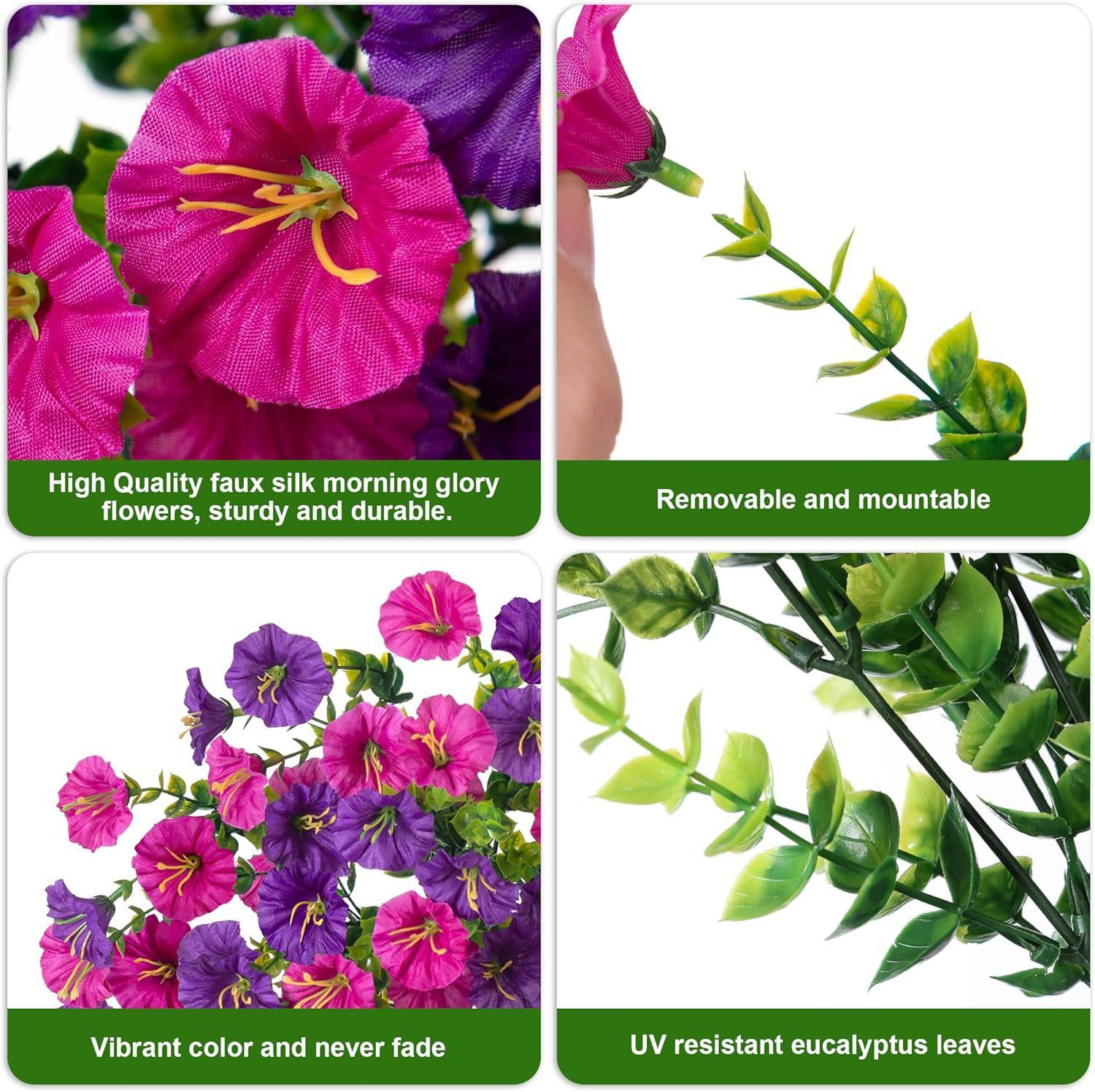 2 PCS Artificial Fake Hanging Flowers Plants for Outdoor Spring Decoration,Hanging Dendrobium Orchid Purple Flowers- Resistant Realistic Morning Glory Trailing Vines for Home Porch Patio Balcony