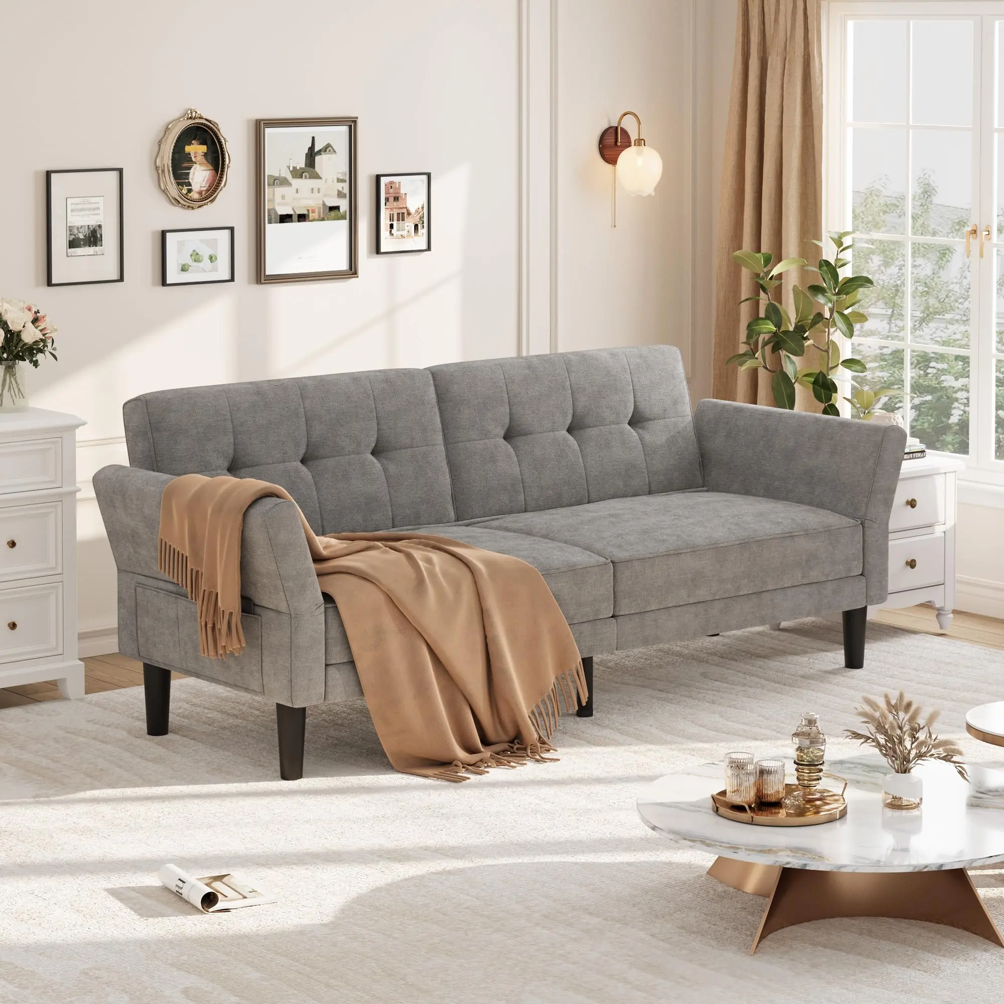 89-Inch Convertible Sofa Bed With Adjustable Backrest and Armrests, Modern Japanese-Style Sofa Bed Suitable for Use in Living Rooms, Bedrooms and Apartments as Double Sofa Bed