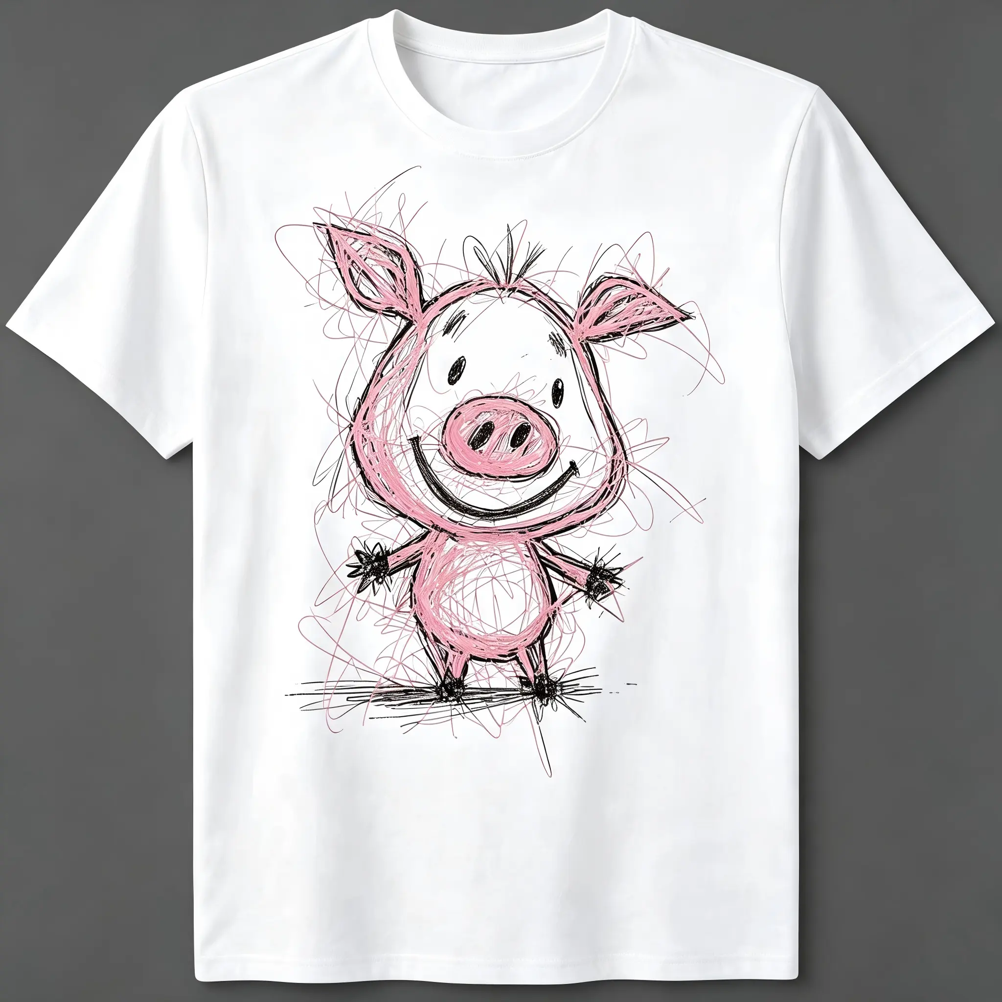 Scribble Sketch Happy Pink Pig T-Shirt for Men & Women - Cute Animal Doodle Graphic, Soft Cotton Crew Neck Short Sleeve, All-Season Summer Spring Casual, Great for Daily Wear & Animal Lover Style, Machine Washable