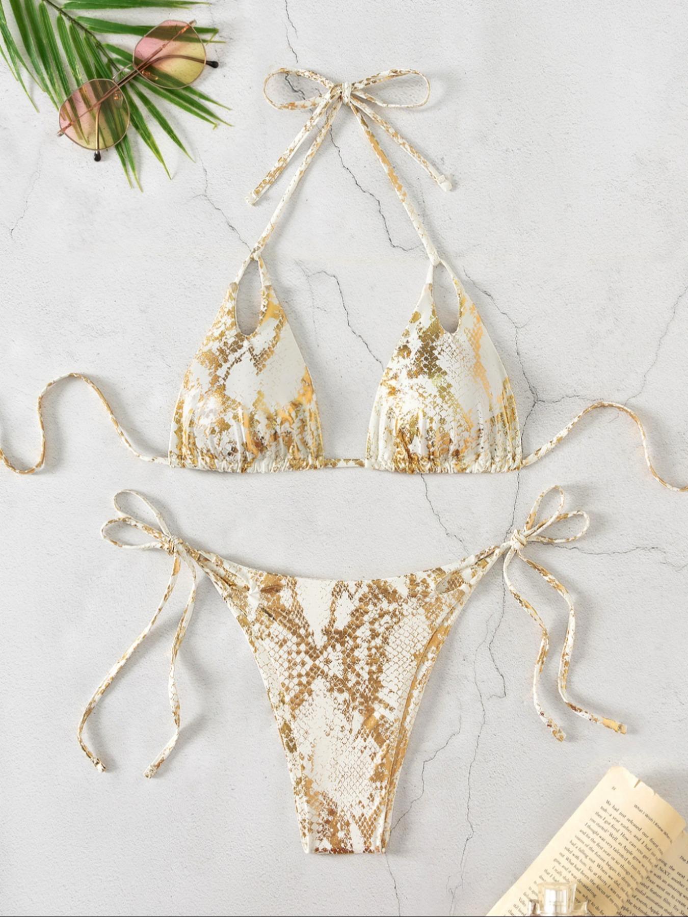 Two-Piece Set Women's Snakeskin Print Glossy String Bikini Set, Sporty Halter Neck Tie Back Triangle Swim Bra & Tie Side High Cut Swim Panty, Two-piece Swimsuit for Beach Holiday Vacation Tie Back Bikinis