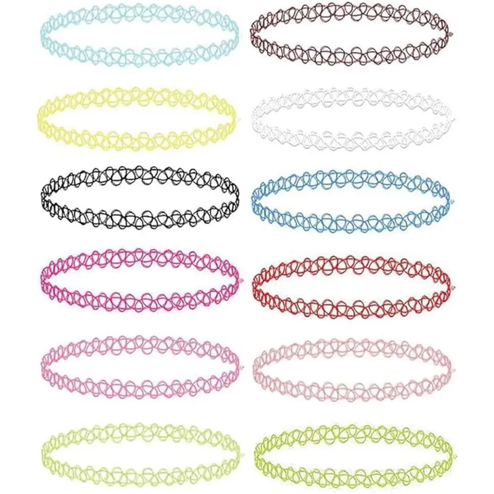 12PC Tattoo Choker Necklace - 90s Accessories 2000s Jewelry Y2K Fashion Vintage Trendy - Rainbow Goth Black Pink Green Blue White - Adjustable Stretchy Elastic Necklace Summer Vacation Set
