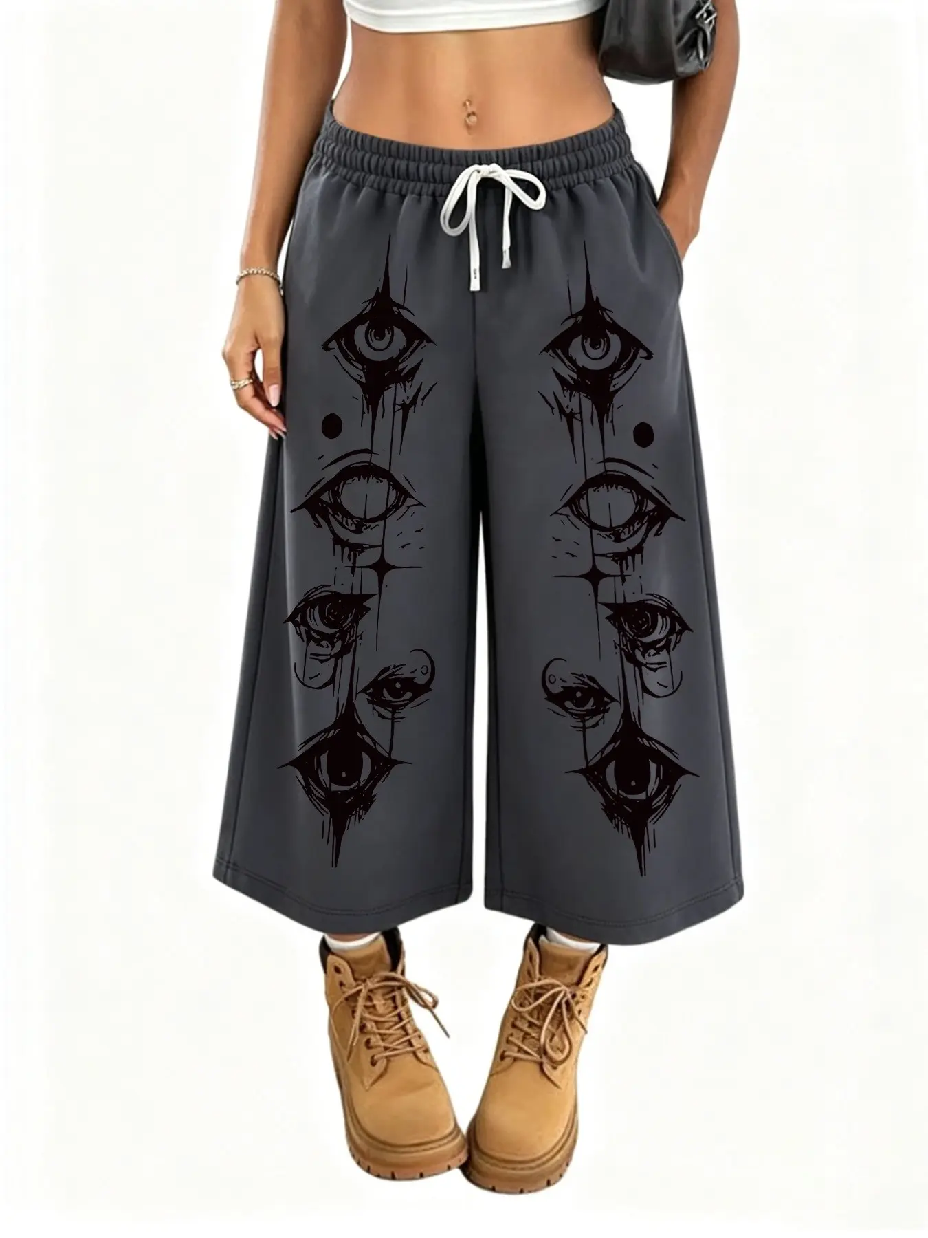 Women's Seven-Eighths Wide Leg Sweatpants, Dark Eye Pattern Print, Y2K Street Style, Casual Loose-Fit Baggy Pants for All Seasons
