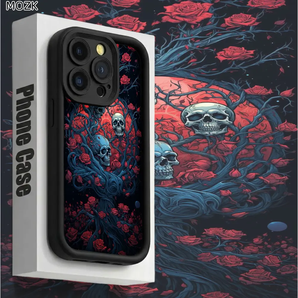 Phone Case: Gothic Horror Phone Case: Red Roses And Blue Skulls with Twisted Vines Shockproof Case for iPhone 17 E Air 16 15 14 Pro Max Plus 13 12 Mini 11 X XS XR Imitation Liquid Printed Phone Case
