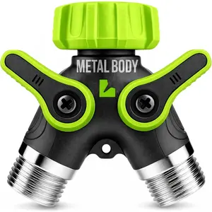 2 Way Hose Splitter Heavy Duty - Metal Y Garden Hose Splitter with Shutoff Valves, Brass Outdoor Faucet Adapter for Spigot, 3/4 Inch GHT Water Hose Connector - Green