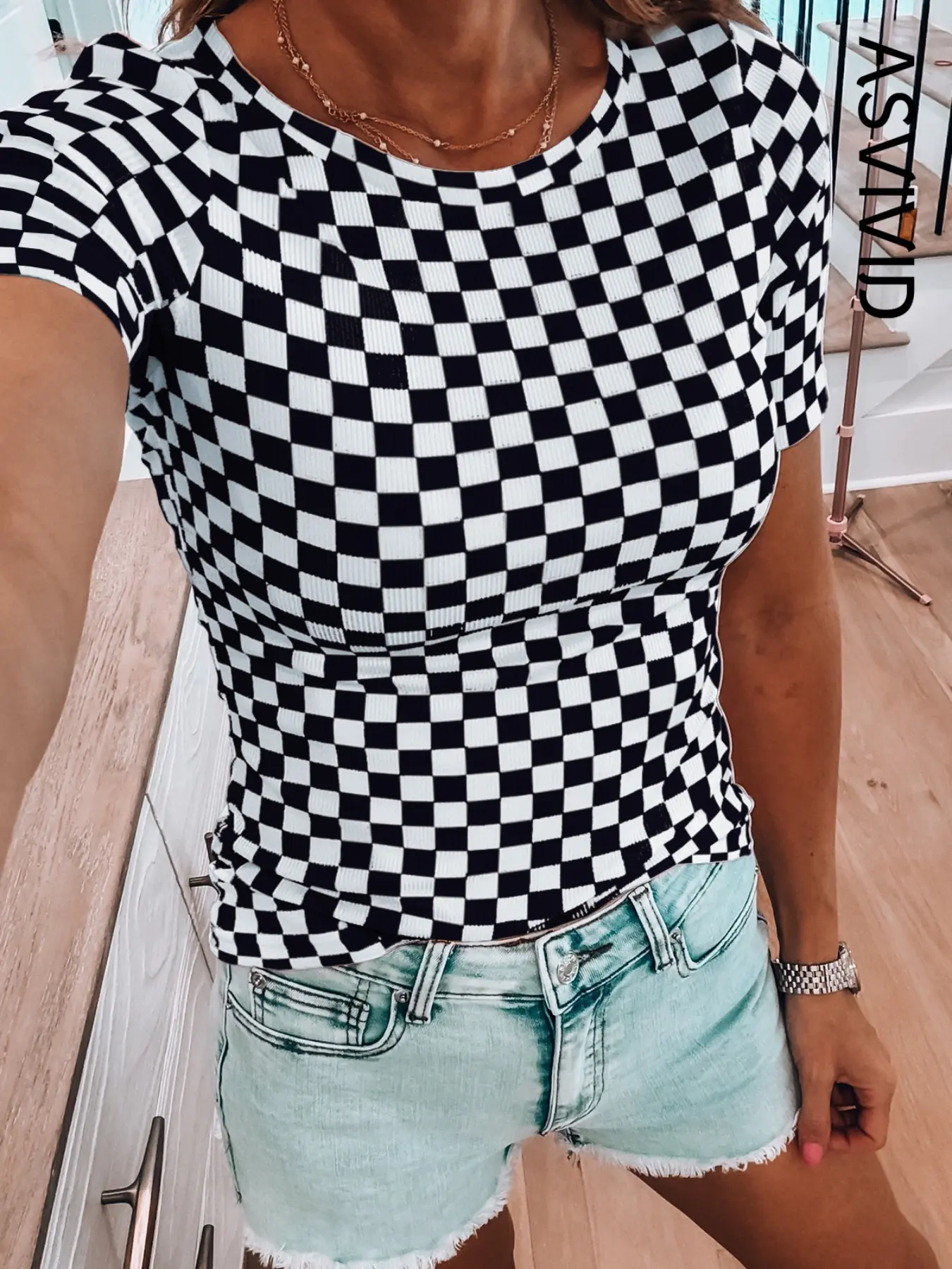 Women's Casual Streetwear Checkered Plaid Print Ribbed Slim Fit Crew Neck Round Neck T-Shirt, Basic Versatile Short Sleeve Top for Daily Wear, Ladies Clothes for Summer