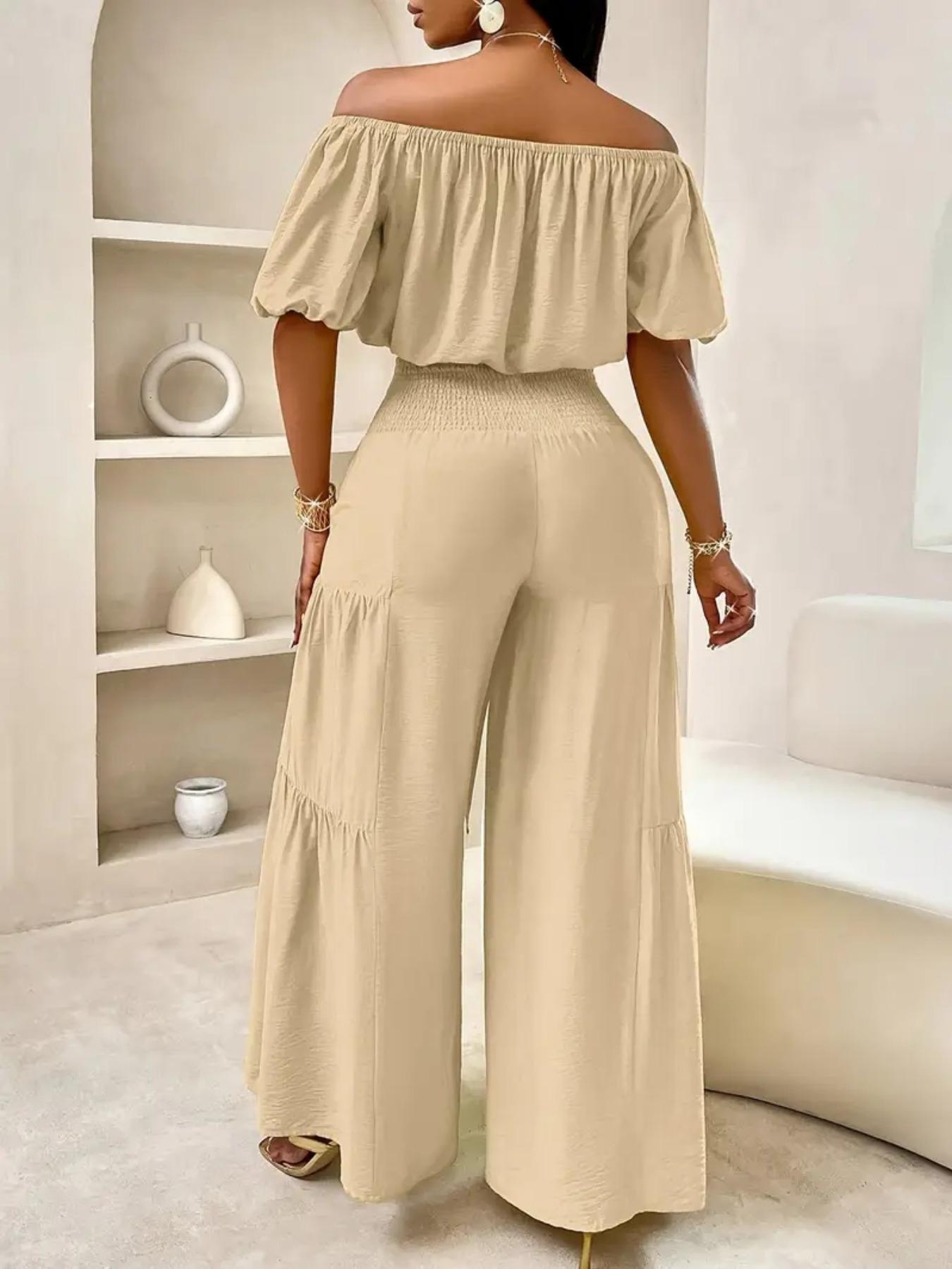 Women's Solid Off Shoulder Crop Top & Wide Leg Pants Set, Casual Breathable Lightweight Fashion Cozy Baggy Top & Trousers for Daily Outdoor Wear, Ladies Clothes for Summer, Womenswear, Two Piece Outfits for Women