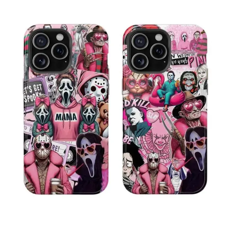 Ghostface Scream Pink Coquette Horror Villains Collage Phone Case|Pink Horror Movie Characters Collage Phone Case For iPhone 17 Pro Max 16 15 14 13 12 11 for Samsung S21 S22 S23 S24 S25 S26 Ultra Phone Case|Halloween Gift for her/him/family/friend