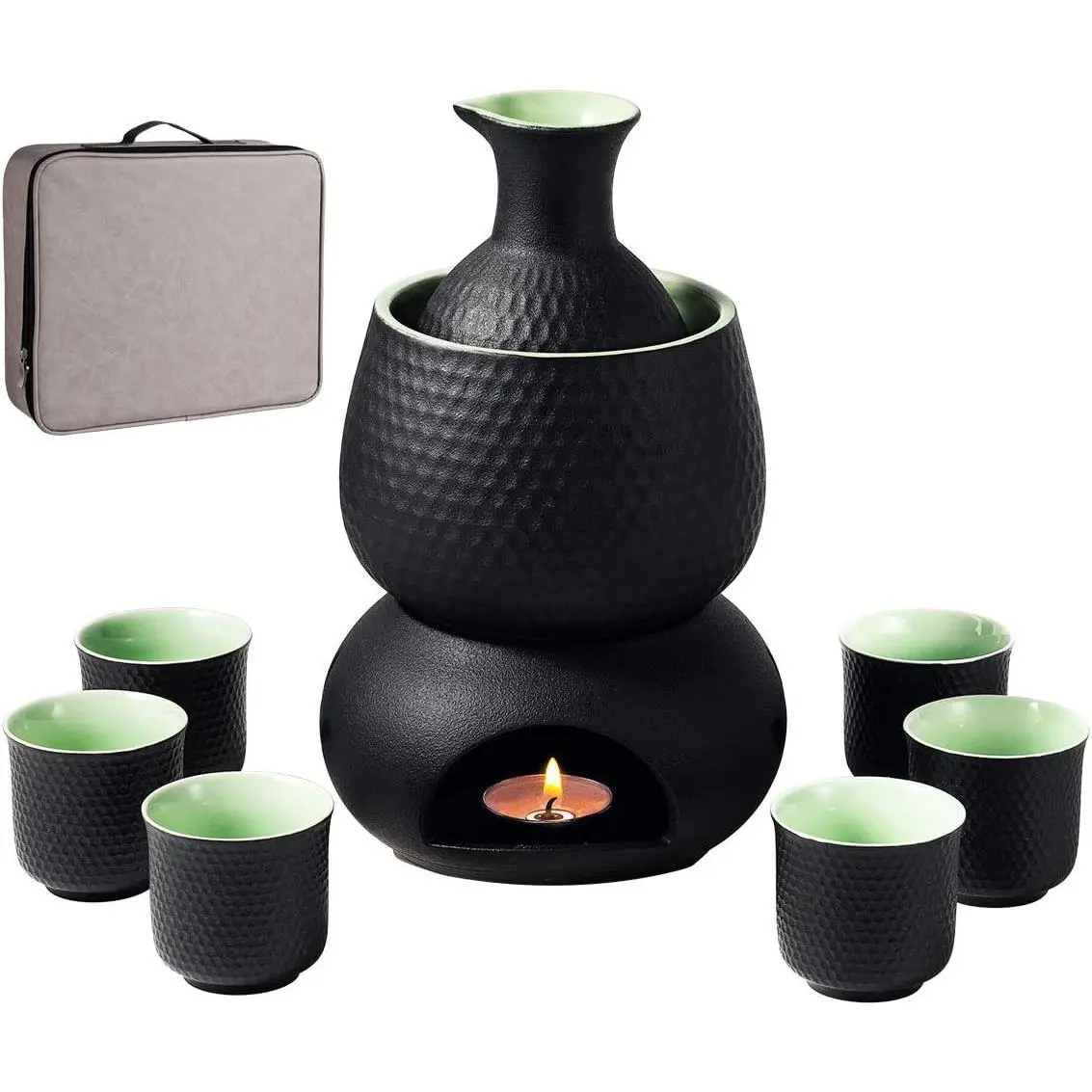 9 Pcs Traditional Ceramic Sake Set with Warmer & Storage Box, Porcelain Hot Saki Drink Set Includes 1 Stove 1 Warming Bowl 1 200ml Sake Bottle 6 Cups
