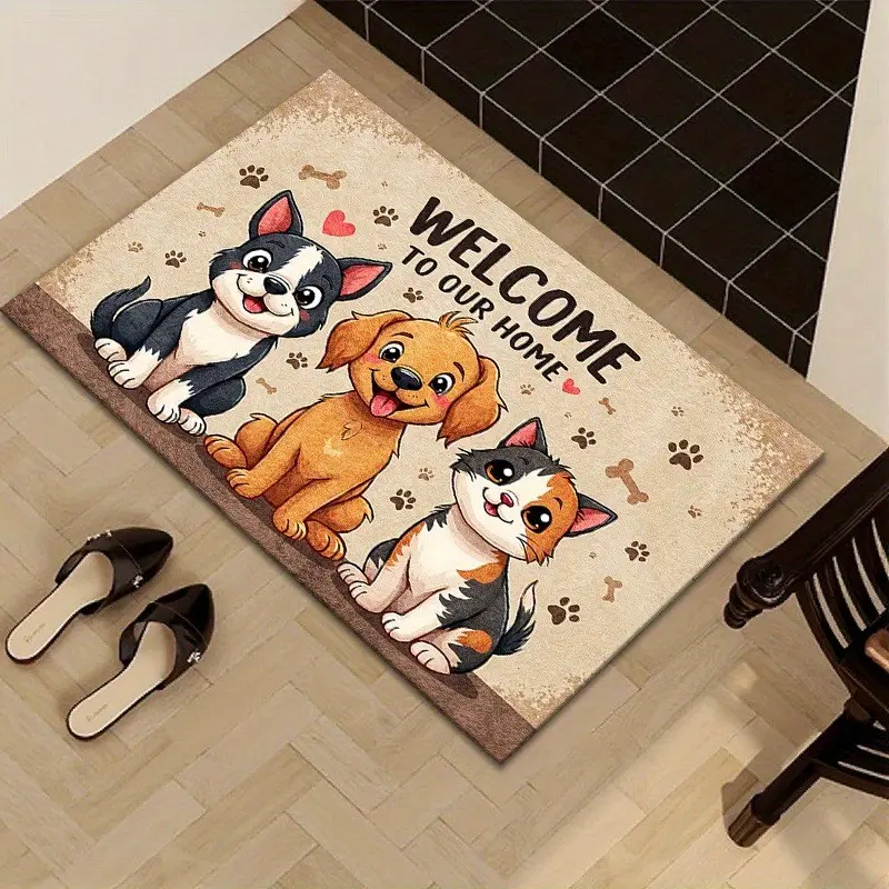 Non-Slip Washable Welcome Mat, Entrance Doormat, Cute Cartoon Dog and Cat Design, Durable Polyester Indoor/outdoor Entrance Mat, Seasonal Home Decor