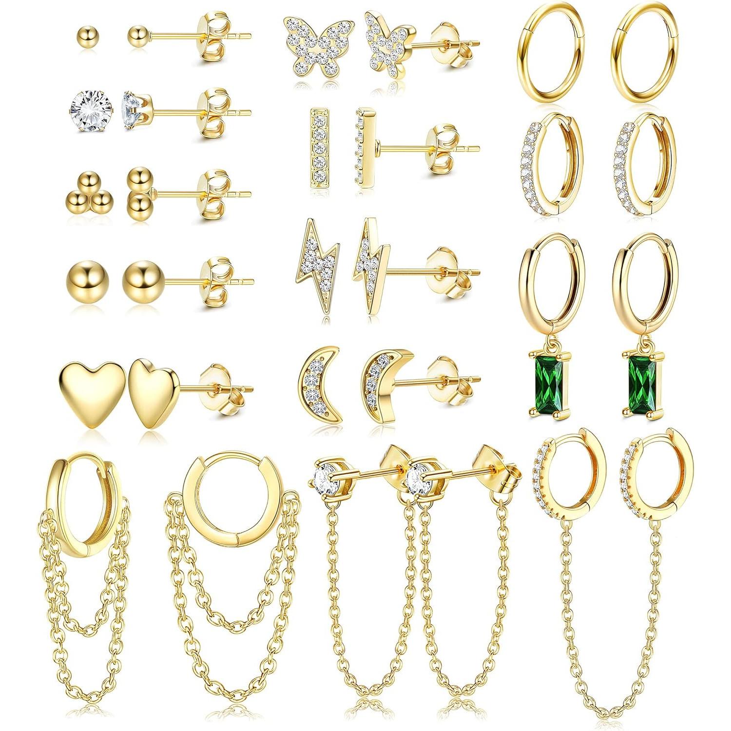 ZELORES 29Pcs 14K Gold Plated Earrings Set for Women Moon Heart Butterfly CZ Bead Huggie Hoops Studs for Multiple Piercings
