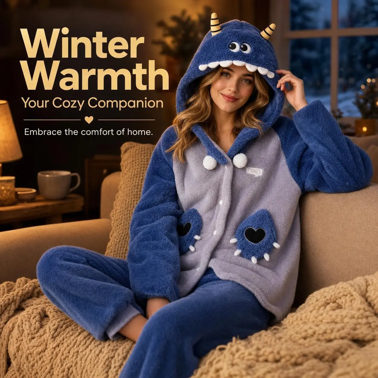 Women's 2-Piece Cute Cartoon Monster Hooded Robe Pajama Set - Thick Coral Fleece, Long Sleeves Hoodie & Pants, Loose Fit, Fluffy Teeth, Patchwork Colors Winter Loungewear, Hand Wash, Halloween Cosplay Sleepwear, Blue Animation Button Check Claw Womenswear