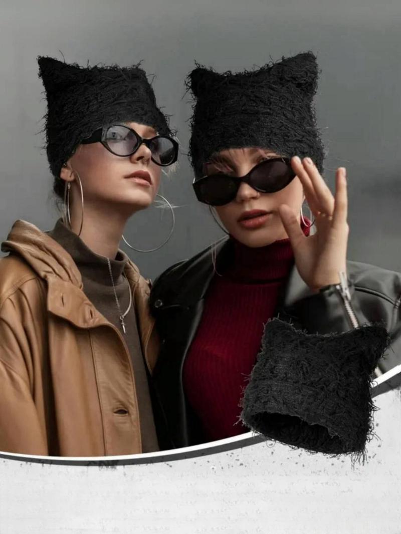 Men's Cat Ear Knit Beanie, Soft & Comfy Winter Hat, Trendy Fall & Winter Fashion for Men & Women