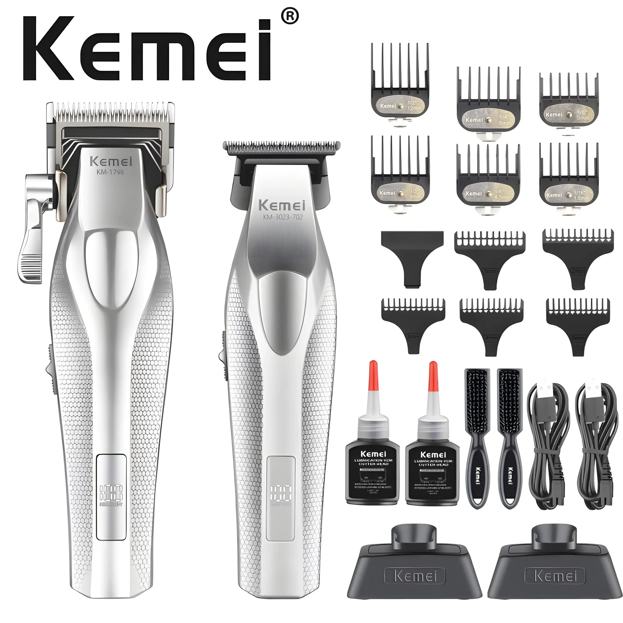 Km New Metal Silver Electric Hair Clipper, Km-3023-702 Carving Hair Clipper, Wireless Fast Charging, Full Metal Body, 9000rpm Powerful Motor