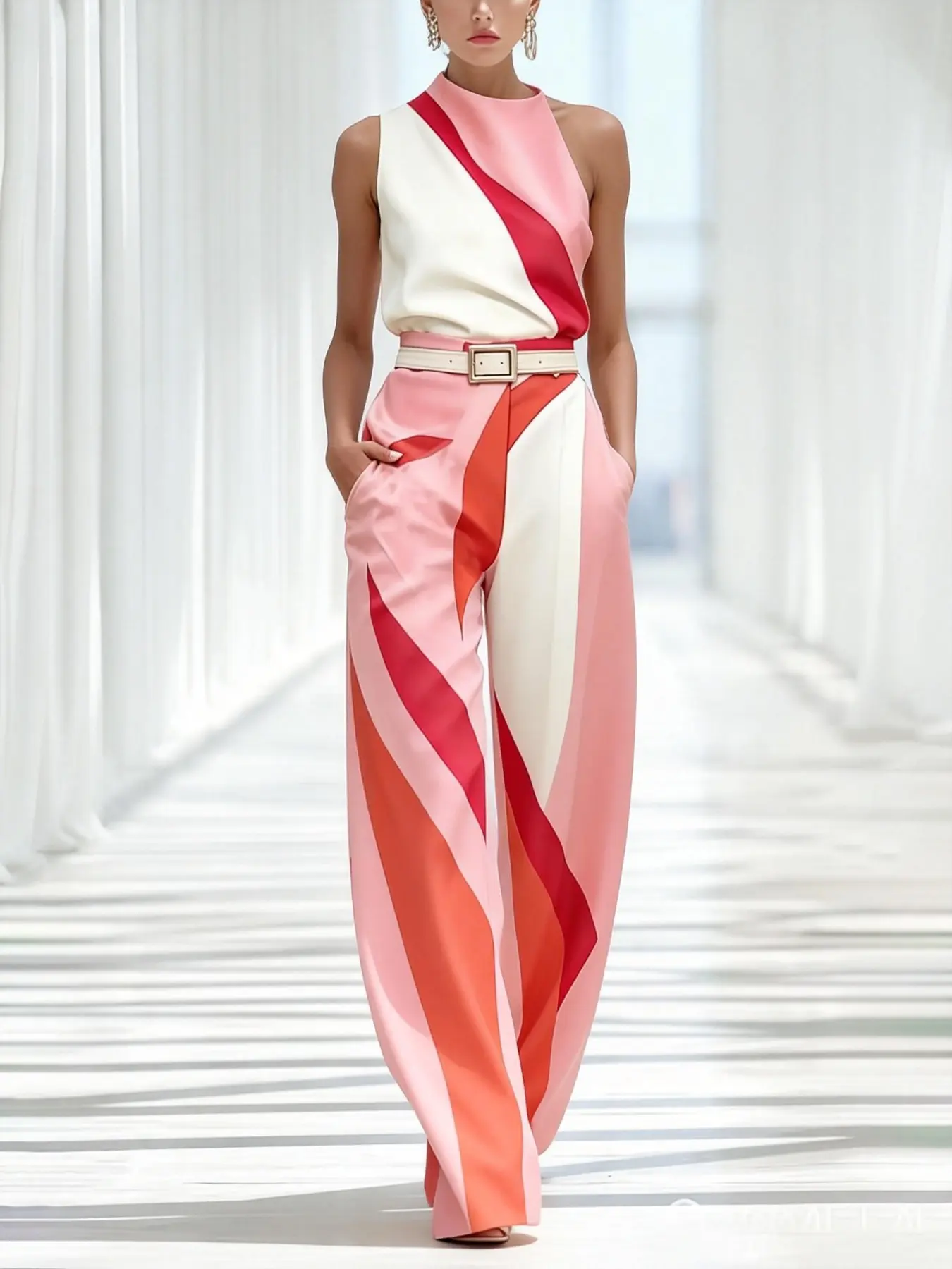 Urban Fashion Patchwork Stand Collar Shirt and Straight Leg Pants Set for Women, Two-Piece, All Seasons, Geometric Pattern, Sleeveless