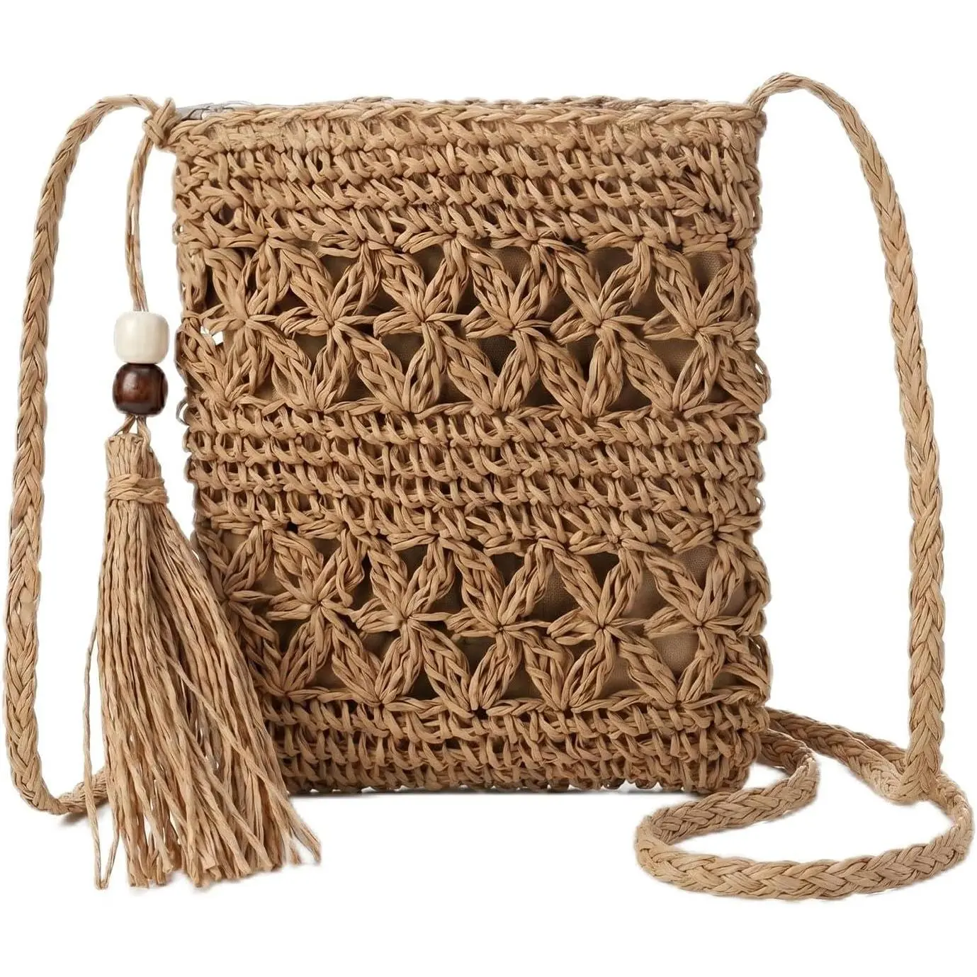 Handwoven Crochet Bag for Women Summer, Boho Woven Macrame Tote  Purse with Tassels,  Beach Casual Travel Handbag