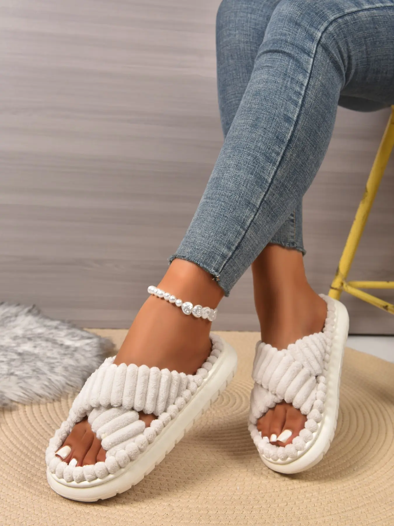 Simple Style Cross Strap Plush Slippers, Women's Soft Shock Absorbing Thick Sole Fuzzy One-Strap Sandals, Comfortable Home Footwear