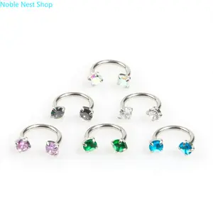 6Pcs Value Pack 18G 1.0mm Internally Threaded Gem Horseshoe Nose Hoops, 316L Medical Grade Titanium Steel Piercing Rings, Includes Free Ball Holder & Piercing Guiding Needle