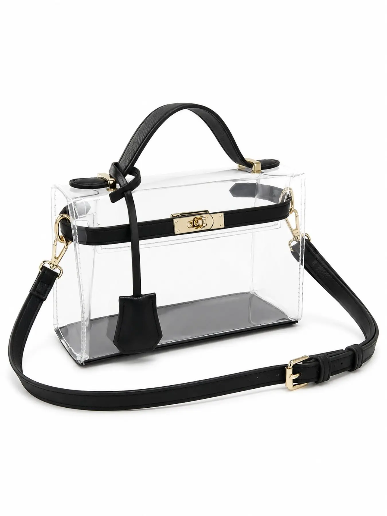 Women’s Clear PVC Top Handle Crossbody Bag, Transparent Small Handbag, Everyday Casual Crossbody Bag, Turn-Lock Closure, Detachable Shoulder Strap
