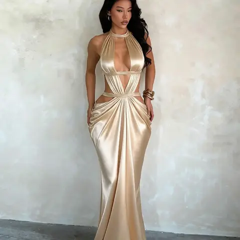 Silk Satin Backless Dress, Elegant Slim-Fit Evening Gown, Plain Surface Unlined Dress, Lightweight & Comfortable, Perfect for Special Occasions