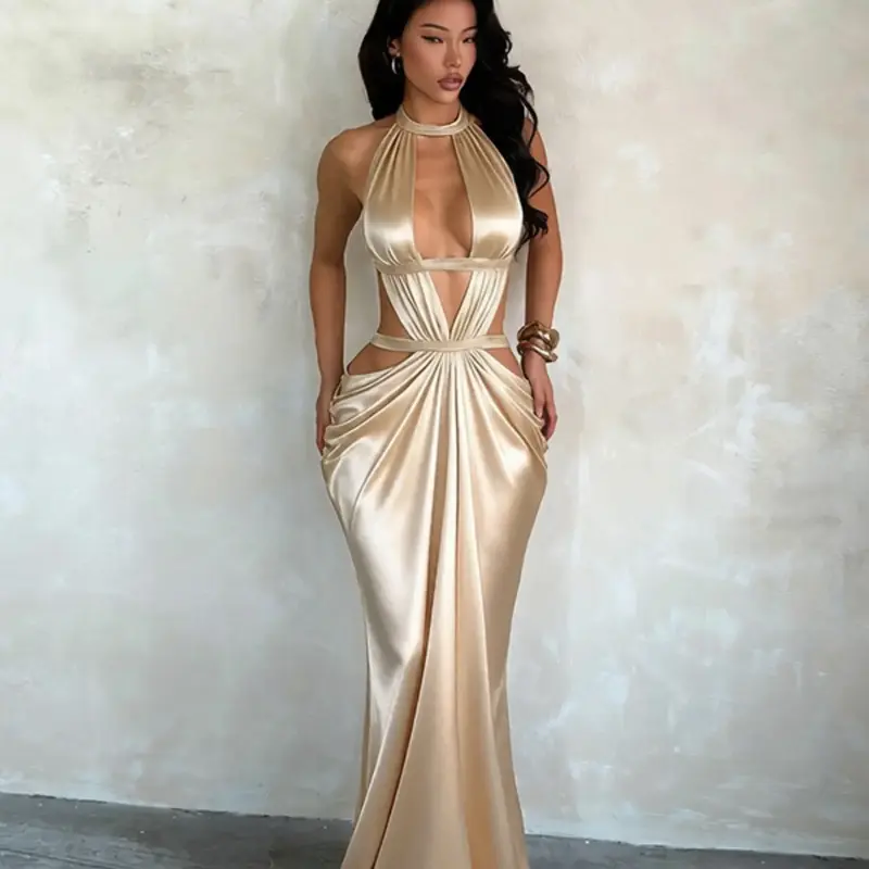 Silk Satin Backless Dress, Elegant Slim-Fit Evening Gown, Plain Surface Unlined Dress, Lightweight & Comfortable, Perfect for Special Occasions